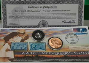 WWII 60th Anniversary of V-J Day FDC 9/2/2005 Stamp W/Steel Cent & FDR Medal - Picture 1 of 3