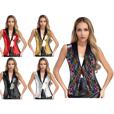 Womens Sparkly Sequin Sleeveless V Neck Vest For Banquet Party Waistcoat Dressy  - Image 1 of 4