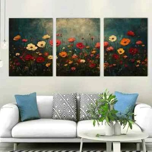Arte de pared botánico perfecto prado floral oscuro 3 piezas lienzo enmarcado 50x70 cm - Imagen 1 de 3