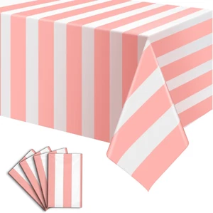 4 Pack Pink And White Striped Tablecloth 54 X 108 Inch Waterproof Disposable - Picture 1 of 11