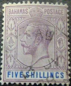 BAHAMAS POSTAGE STAMP SG88 FIVE SHILLINGS DULL PURPLE & BLUE VERY FINE USED - Picture 1 of 2