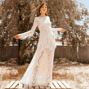 Playa Borla Línea A Vestidos de Boda Boho Encaje Cuello Barco Vestidos de Novia Manga Larga - Imagen 1 de 8