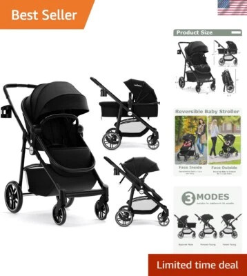 Elegant 2-in-1 Baby Stroller & Reversible Bassinet Pram - Black Safety Design - Image 1 of 4