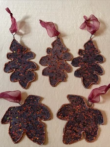 Autunno Autunno Arancione Rosso Appeso Foglie Glitter - Ornamenti Decorativi x 5 - Foto 1 di 5