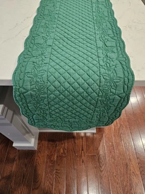Green Poinsettia Pattern Quilted Cotton Table Runner 13" x 70" - EUC - Image 1 of 4