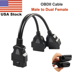 30CM OBD2 Splitter Extension Y Cable 16 Pin Male to Dual Female Adapter Black - Picture 1 of 9