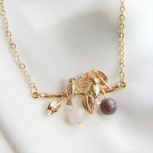 14K GP necklace with Birds on branch pendant along with Aventurine and Agate - Picture 1 of 8