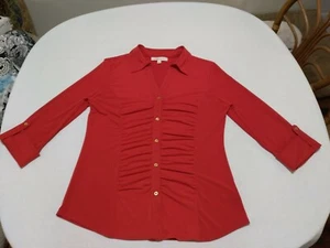 Ellen Tracy Ladies Red Gathered Front 3/4 Button Up Sleeves Blouse - Picture 1 of 4