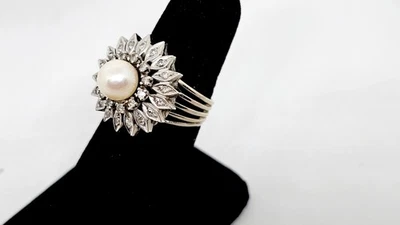 VINTAGE 14K WHITE GOLD STARBURST 8MM PEARL & DIAMONDS COCKTAIL RING,6 3/4 - Image 1 of 4