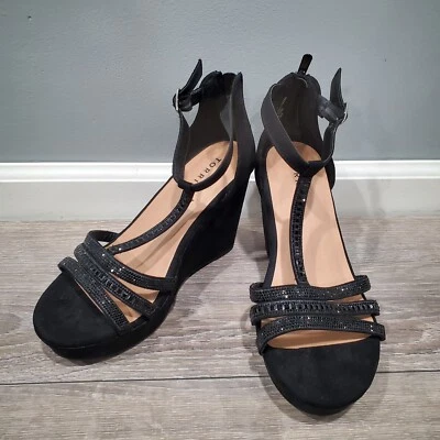 Tacones de cuña negros Torrid para mujer talla 10 WW tacón trasero cremallera punta abierta pedrería Foto 1 de 4