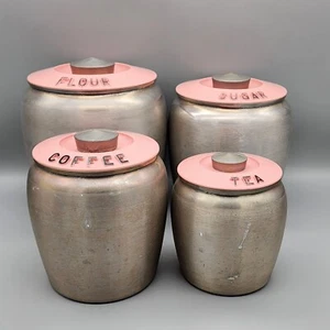 KROMEX ALUMINUM CANISTERS PINK LIDS SET OF 4 FLOUR SUGAR COFFEE TEA - Picture 1 of 23
