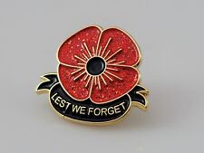 Remembrance Veterans Lest We Forget Red Glitter Poppy Enamel Pin Black Banner