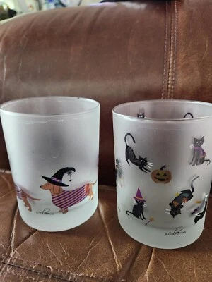 2 Culver Halloween Dachshunds & Cat Old Fashioned Lowball Frosted Signed Glasses - Image 1 of 3