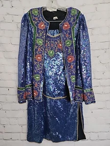 Vintage I. Magnin Damen mehrfarbig Paisley Pailletten Perlenseide 3-teiliges Set Gr. M - Bild 1 von 13