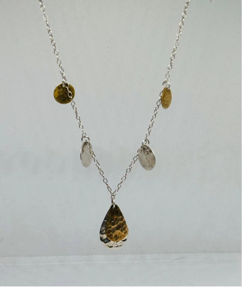 Sterling silver six hammered disk charm chain festoon style necklace 16" - Image 1 of 1