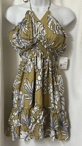 Boho Coastal Coachella Rayon Halter Smocked Ruffle Resort Flowy Mini Dress SZ S - Picture 1 of 11