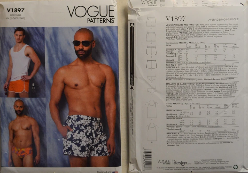 Vogue Pattern - V1897 - Men' Swimsuits and Tank Top - Image 1 of 1