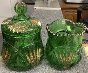 Antique Victorian Heisey Pineapple & Fan Emerald Spooner & Covered Sugar Bowl