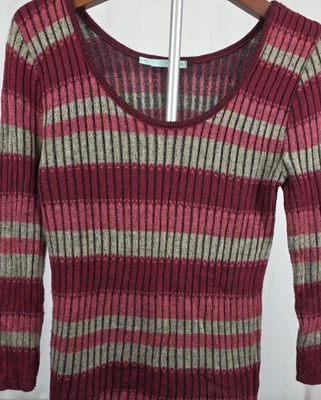 Maurices Magenta Scoop Neck Straight Hem Stripe 3/4 Sleeve Acrylic Sweater Small - Image 1 of 4