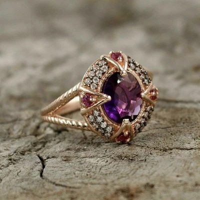 3CtOval Lab Created Amethyst Diamond Halo Engagement Ring 14k Yellow Gold Finish - Image 1 of 3