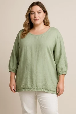 Lo último Top túnica de mezcla de algodón verde lino para mujer 1X Lagenlook Coastal Boho Hippie Foto 1 de 4