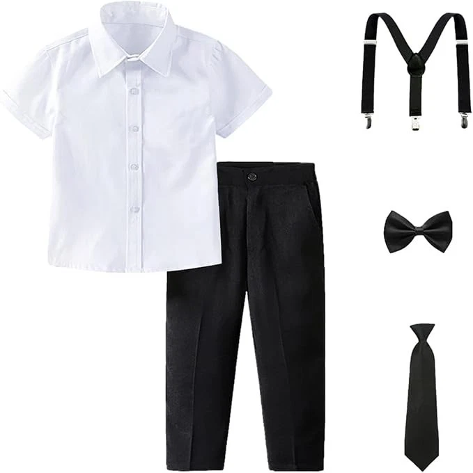 Completo elegante ragazzo papillon bretelle camicia bianca pantalone nero 9-10 a - Immagine 1 di 4