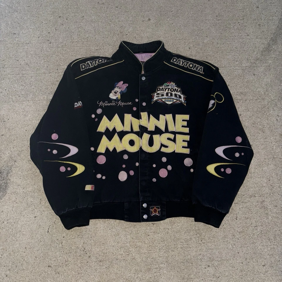 Chaqueta NASCAR de colección Minnie Mouse - chaqueta de ropa de calle negra y rosa #NASCAR Foto 1 de 3