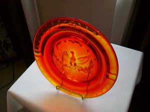 VINTAGE MCM L.E. SMITH GLASS EAGLE ASHTRAY AMBERINA HEAVY 9" - Picture 1 of 12