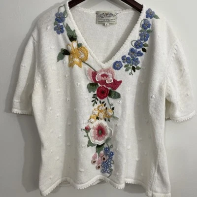 VTG Susan Bristol Floral Knit Sweater Short Sleeve Large Spring Cottagecore - Image 1 of 4