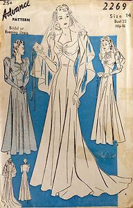 1940s WW2 Vintage Sewing Pattern B32 BRIDAL & EVENING DRESS with TRAIN (1538R) 