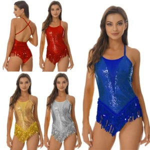 Womens Tassel Sequins Bodysuit Leotard Latin Ballet Dance Performance Costume - Picture 1 of 46