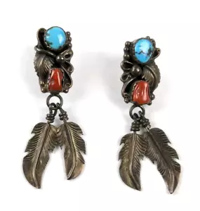 Vtg Navajo Sterling Silver Turquoise Coral Feathers Drop Dangle Post Earrings - Picture 1 of 8