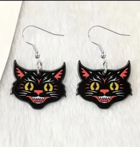 Vintage Style Halloween Black Cat Earrings - Picture 1 of 2