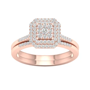 Juego de novias de halo octágono racimo de diamantes oro rosa de 10 K 1/3 quilates - Imagen 1 de 8