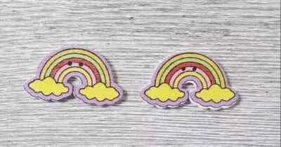 rainbow cloud wood sewing buttons 2 holes 1 1/4 inch yellow 2pc - Image 1 of 2