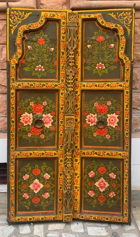 Traditional wooden door floral painted antique heavy frame Indian furniture Cover