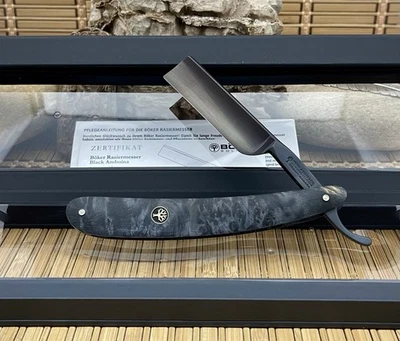Maquinilla de afeitar recta de carbono Boker Solingen Alemania negra madera Amboina 6/8 puntos cuadrados Foto 1 de 4