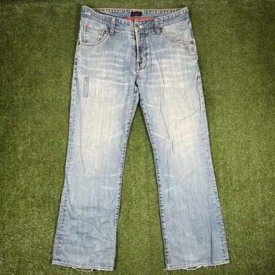 Pantalones de mezclilla Marc Ecko para hombre 33x30 azul corte bootcut desgastados 5 bolsillos lavado claro Foto 1 de 4