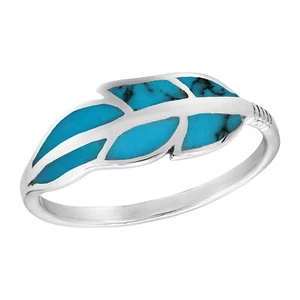 Floating Feather Reconstructed Blue Turquoise Inlays Sterling Silver Ring-8 - Picture 1 of 6