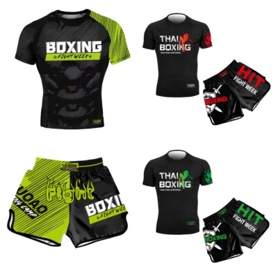 Mens Boxing Jersey Trunk Tank T Shirts+Shorts Suit Fighting Kickboxing BJJ Kids - Image 1 of 4