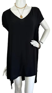 Eileen Fisher 100% Silk Dress Tunic V-Neck Short Sleeve Hi Low Black Size Medium - Picture 1 of 8