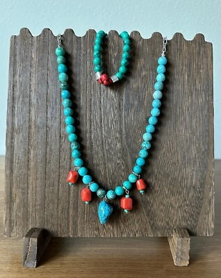 Juego de collar y pulsera de cuentas azul turquesa/rojo hecho a mano, colgante de piedra Foto 1 de 4