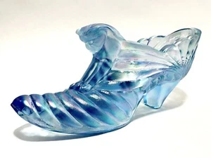 Vintage Fenton Cat Slipper Shoe Blue Satin Carnival Glass Head Signed - Picture 1 of 16