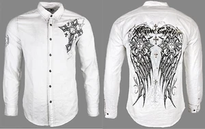 Camisa Xtreme Couture by Affliction para hombre con botones OSCURIDAD blanca motociclista - Imagen 1 de 9