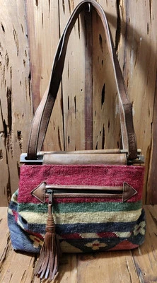Vtg Kilim Shoulder Bag Purse Cotton Wool Blend Leather Wood Double Handle Aztec - Image 1 of 4