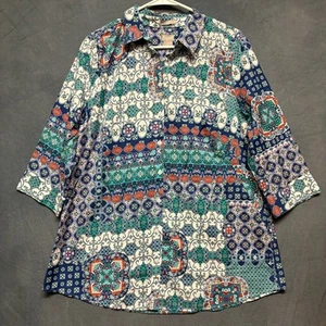 Chico’s Button Down Blouse Hippie Boho No Iron Size 2 US 12/14 Abstract Beachy - Picture 1 of 9