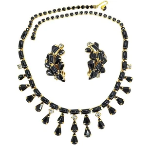 Vintage Mid Century Glam Black Glass Rhinestone Necklace & Clip-On Earrings Set - Picture 1 of 9
