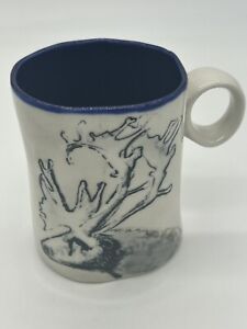 Anthropologie Coffee Mug Franna Lusson Moose Sketch Ring Handle Blue Interior