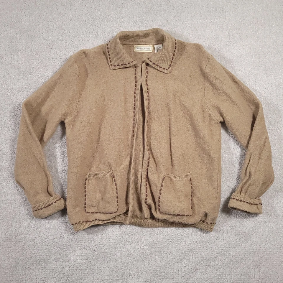 Vintage Studio Works 100% Wool Cardigan Sweater Womens Large Beige Collared - Image 1 of 4