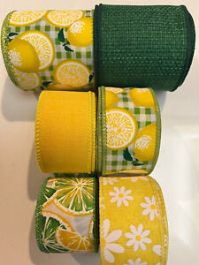 Lot 6 Lemons Lime Slices Daisies Daisy Wire edge Ribbon 4 Yds Ea 1.5” & 2.5” New